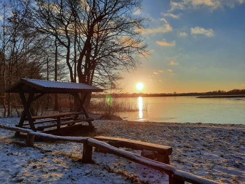a picnic table on the shore of a lake with the sunset at Ferienwohnung "Grüne Auszeit" in Groß Wokern