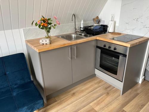 a kitchen with a sink and a stove top oven at Tiny home on an organic croft, Isle of Arran in Kildonan