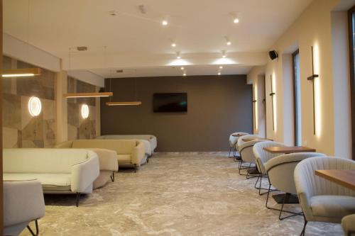 a waiting room with a row of couches and chairs at Nedei Hotel&Spa Transalpina in Martinie