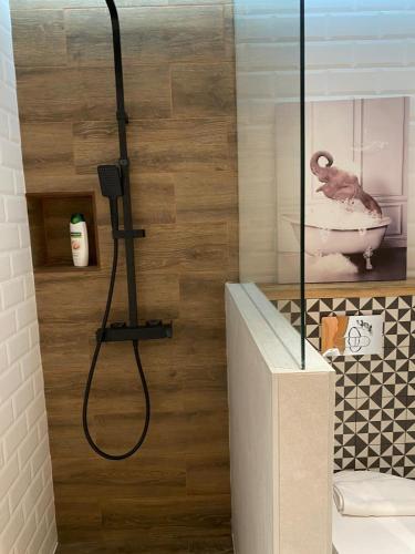 a bathroom with a shower and a bath tub at Casa Bambu, Paraiso na Terra in Praia Verde