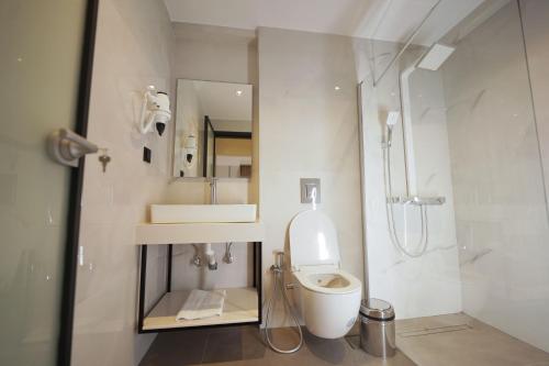 a white bathroom with a toilet and a shower at Sunrise Luxury Apartments in Fanárion