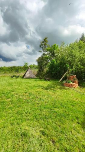 a field with a pile of bricks in the grass at Вивиан - модерна вила за гости in Reselets