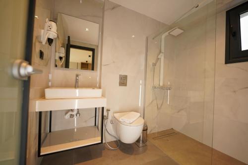 a bathroom with a sink and a toilet and a shower at Sunrise Luxury Apartments in Fanárion