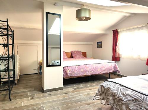 a bedroom with a bed and a mirror at Chambres d'hôtes Sauvian in Sauvian