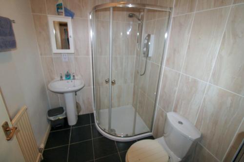 a bathroom with a shower and a toilet and a sink at Emily's Apartment, Ireby in Ireby
