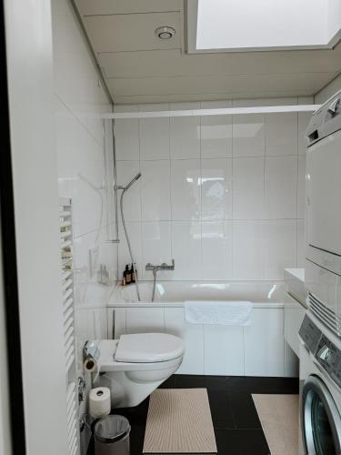 a white bathroom with a toilet and a bath tub at Just Sunny - Rooftop mitten in der Stadt in Basel