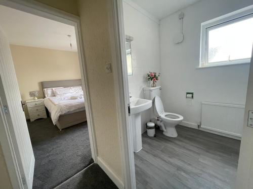 a bathroom with a sink and a toilet and a bed at Ouse River Quay Hill Lodge in Littleport