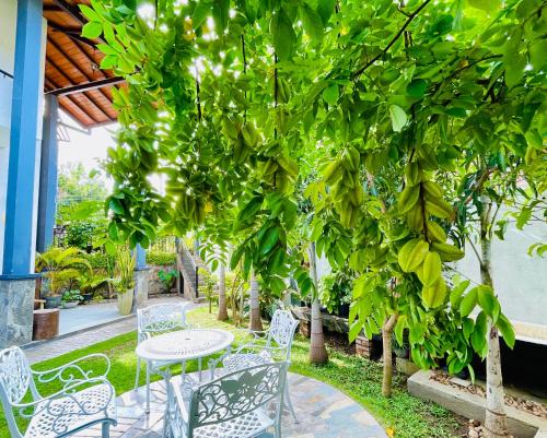a patio with a table and chairs under a tree at Villa in kandy- kundasale in Kundasale