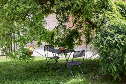 a table and two chairs sitting under a tree at Fattoria il Casone in Monteriggioni