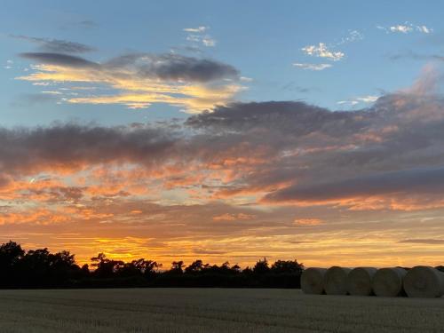 滨海克雷Lovely quiet cottage Sleeps 4 adults, 4 children, Dog Friendly的日落时分在田野里放着一群干草包