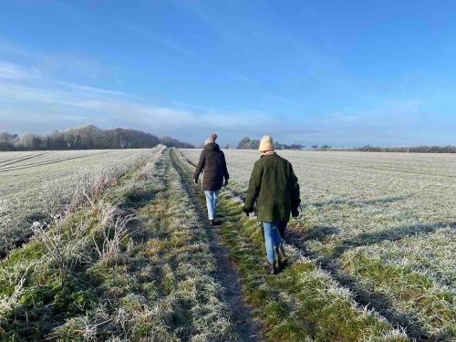 滨海克雷Lovely quiet cottage Sleeps 4 adults, 4 children, Dog Friendly的两个人在田间散步