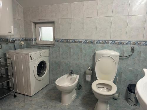 a bathroom with a toilet and a washing machine at Apartments Naresi Mostar in Mostar