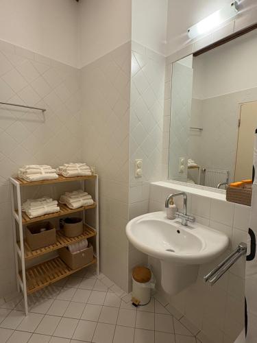 a white bathroom with a sink and a mirror at Danube Holiday Homes Top 6 in Krems an der Donau