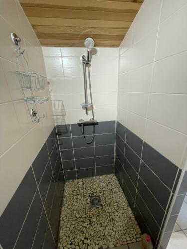une salle de bain avec douche aux carreaux bleus et blancs dans l'établissement Studio du Bonheur, à Azur