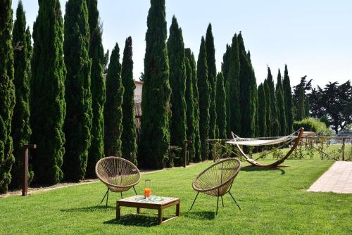 two chairs and a table in a yard with trees at Borgo Verde in Vada