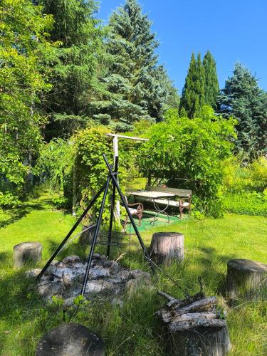 a picnic table and a bench in a park at Apartamenty Dom nad Jeziorem in Głęboczek