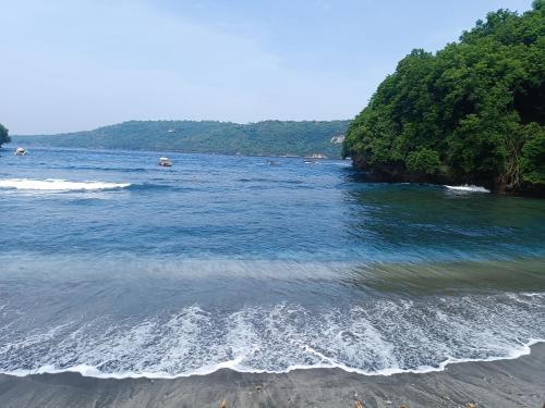 a body of water with a beach and trees at Beach House on Gamat Bay in Nusa Penida