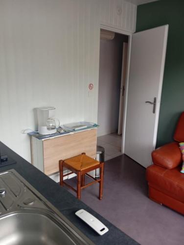une cuisine avec un évier et un salon dans l'établissement T2 Charmant et calme, à Andernos-les-Bains