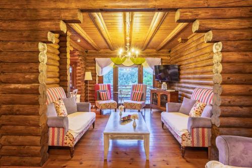 a living room with couches and a table in a log cabin at Yliessa Chalet in Domnista