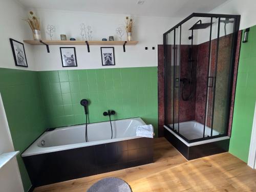a green bathroom with a tub and a shower at Haus Kabelitz in Kabelitz