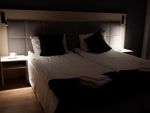 a bedroom with two beds and two night stands at Warsoliv double in Warsaw