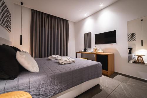 a bedroom with a bed and a flat screen tv at Kefalos Damon Hotel Apartments in Paphos City