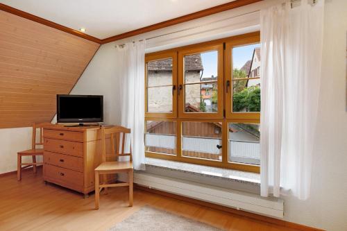 a room with a window and a desk with a television at Ferienwohnung Atelier in Bad Bellingen