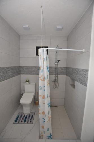a bathroom with a toilet and a shower curtain at Maison Le Glas in Curepipe