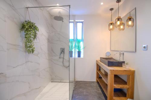 une salle de bain avec une douche avec une porte vitrée dans l'établissement CABOTS Villa Moderne Tout Confort Grand Jardin & Piscine, à Biot