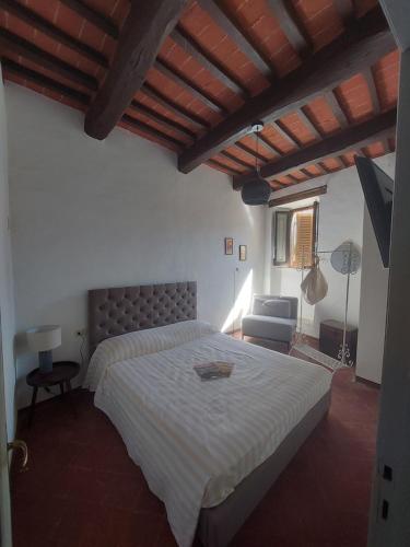 a bedroom with a bed and a chair in it at Le Stanze del Ritrovino in Castiglione dʼOrcia