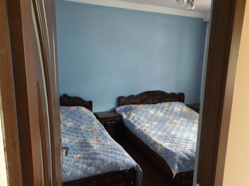 two beds in a room with blue walls at Guesthouse Gurami in Borjomi