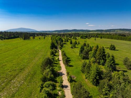 an aerial view of a dirt road through a field with trees at Domki Perła Dunajca - Hotel Perła Dunajca in Czarny Dunajec
