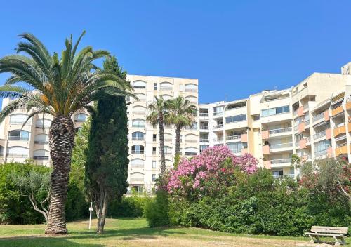 a park with palm trees and a building at Hôtel Le Carnon in Carnon-Plage