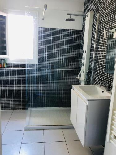 un bagno con lavandino e doccia con piastrelle nere di Villa with pool a Maureillas