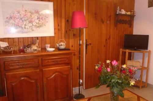 un salon avec un vase de fleurs et une lampe dans l'établissement Logement de vacance prés de Tarbes, 2 personnes, deux étoiles, à Mascaras