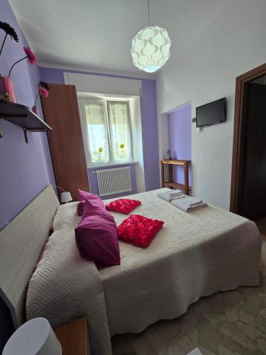 a bedroom with a bed with purple and red pillows at B&B Il Poggio in Villagrande