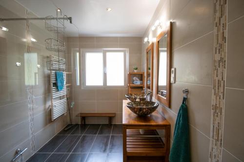 Un baño con lavabo y ducha de cristal. en Au Pont De Tuarelli, Ludique, Fango, en Manso