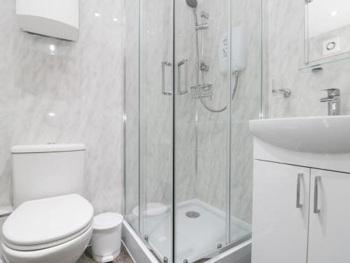 a bathroom with a shower and a toilet and a sink at The Old Cottage in Staithes