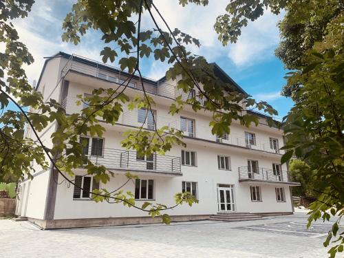 ein weißes Gebäude mit schwarzen Fenstern und Bäumen in der Unterkunft D&T Hotel in Ilʼtsya Dolishna