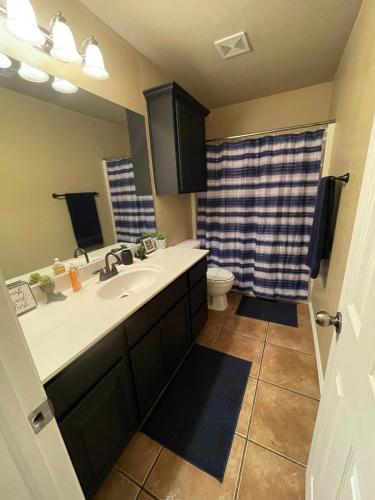 a bathroom with a sink and a toilet and a mirror at Home in Moore Serenity Oasis! relax in style! in Moore