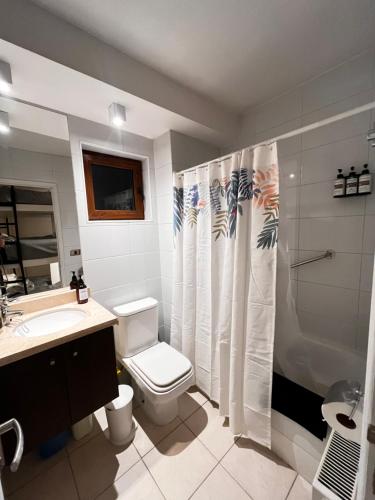 a bathroom with a toilet and a sink and a shower at Valle Nevado Ski Chill in 6Px in Farellones