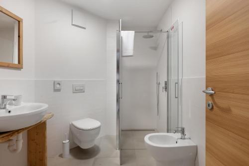ein Badezimmer mit Toilette, Waschbecken und Dusche in der Unterkunft Villa Fontane in Truden