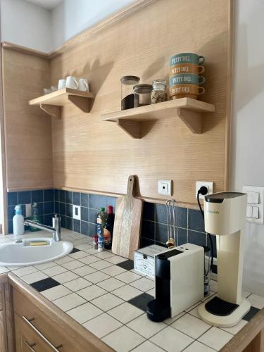 Il comprend une cuisine équipée d'un évier et d'un comptoir avec une cafetière. dans l'établissement Sabl'Appart Gare, à Les Sables-dʼOlonne