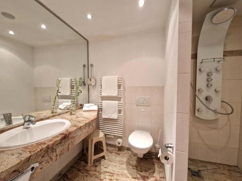 a bathroom with a sink and a toilet and a shower at Hotel Zum Stein Wellness & Genuss Resort in Oranienbaum-Wörlitz