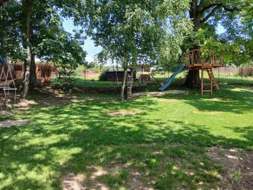 a playground with a tree and a slide at NEW! Tiny house U Jelena, hot tub in Trutnov
