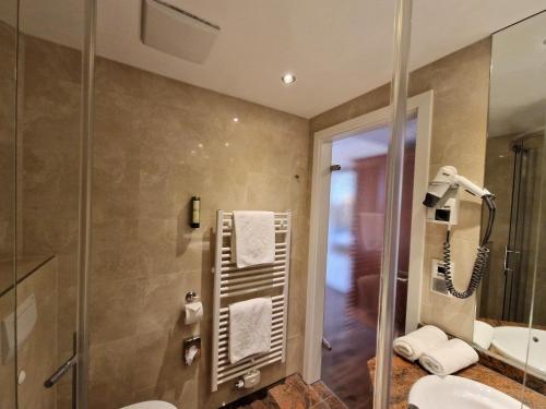 a bathroom with a shower and a toilet and a sink at Hotel Zum Stein Wellness & Genuss Resort in Oranienbaum-Wörlitz
