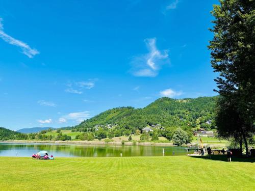 a view of a lake with a group of people standing around at Haus Ernestine in Sankt Urban