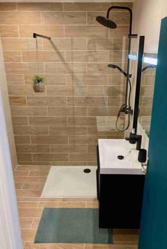 La salle de bains est pourvue d'une douche et d'un lavabo blanc. dans l'établissement EDEN LES PINS, à Antibes