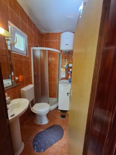 Un baño con inodoro, ducha y lavabo. en Apartmani Paulino, en Herceg-Novi