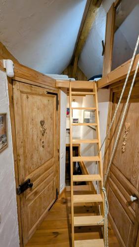a ladder in a room with a attic at Au Chalet Du Planolet in Le Massot